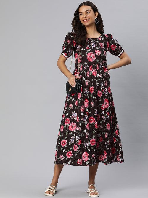 Black Floral Print Puff Sleeve Maternity Fit & Flare Maxi Dress