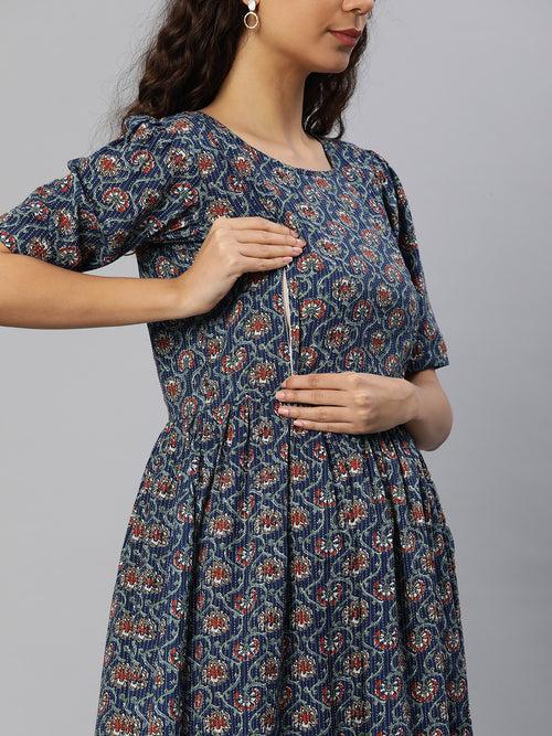 Blue and Red Floral Print Puff Sleeves Maternity Fit & Flare Midi Dress