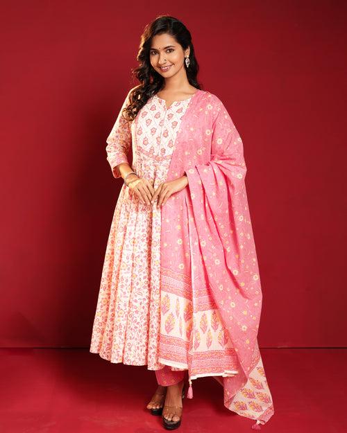 White & Pink floral print cotton kurta set