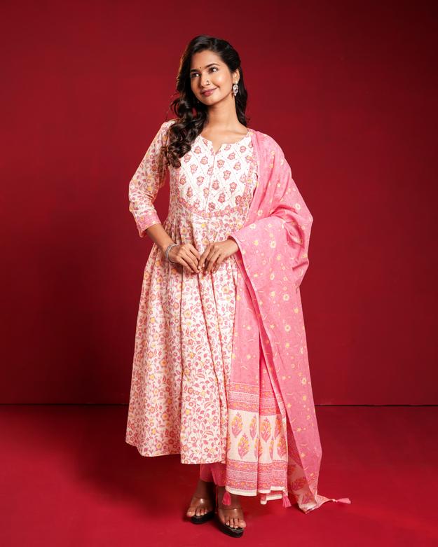 White & Pink floral print cotton kurta set