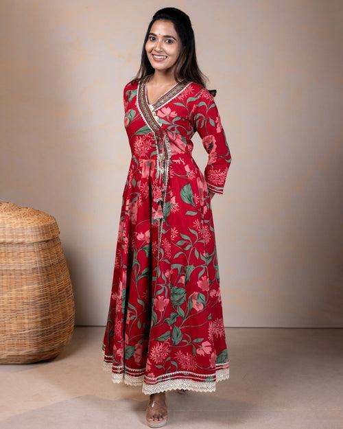 Red Anarkali cotton dress with dupatta