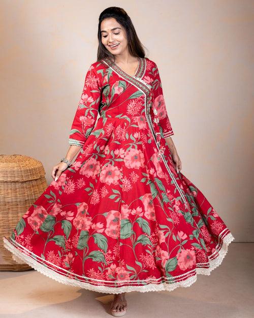 Red Anarkali cotton dress with dupatta