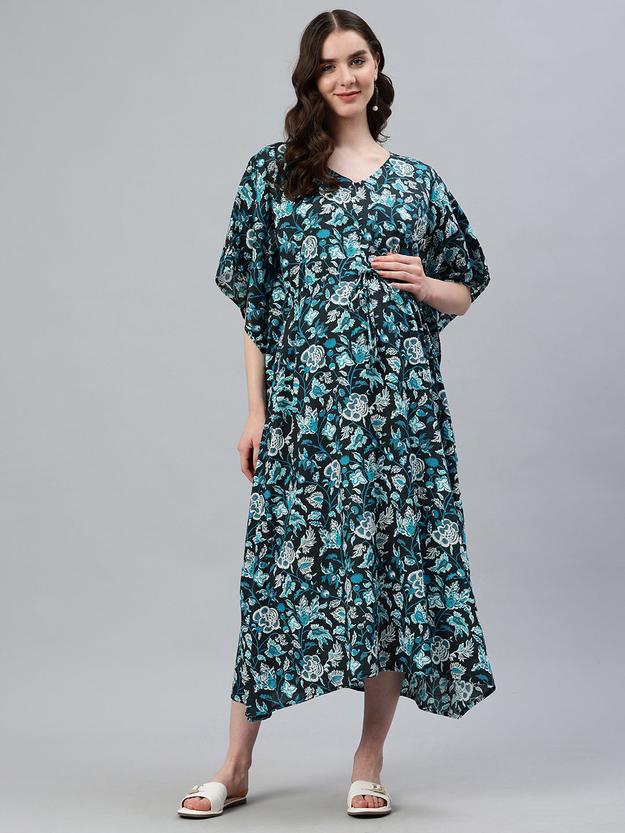 Black and blue floral print maternity kaftan