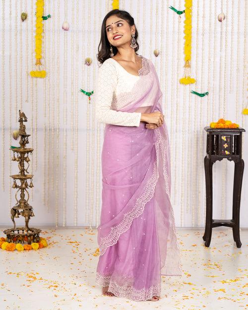 Lavender organza cut work border ready to wear saree