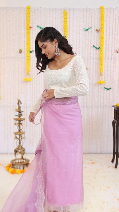 Lavender organza cut work border ready to wear saree