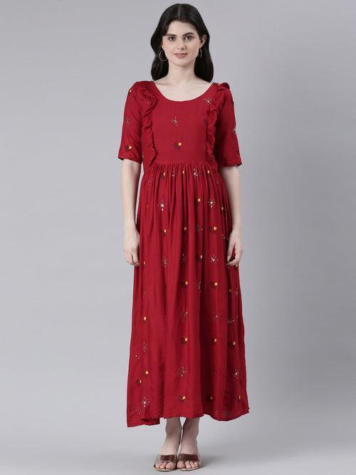 Red  Embellished Embroidered Ruffled Maternity Fit & Flare Maxi Ethnic Dress