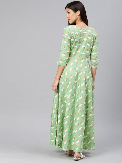 Green & Gold-Toned Printed Maxi Dress