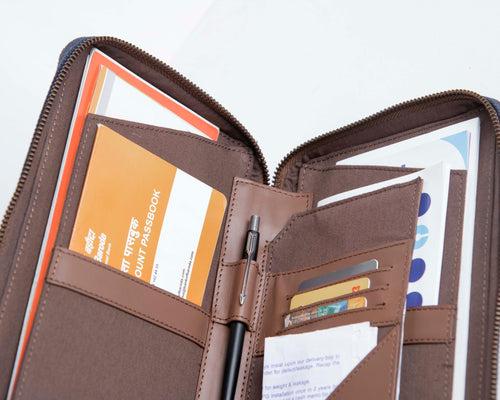 Bank Organiser - Blue Canvas + Tan Leather