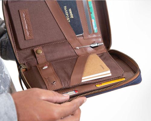 Nomad Passport Organiser - Blue Canvas + Tan Leather