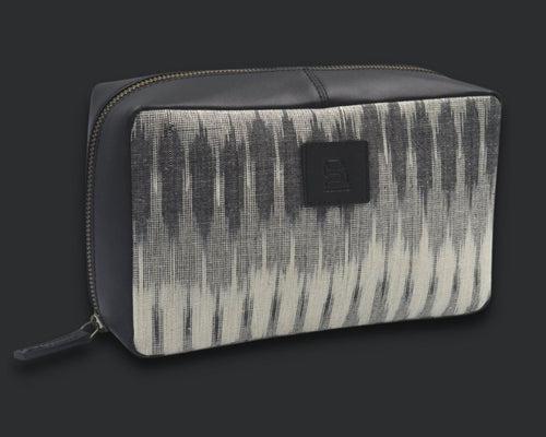 Tech Pouch - Cream & Black IKAT + Leather