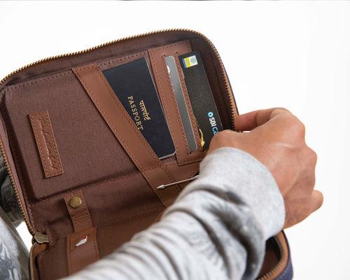 Nomad Passport Organiser - Blue Canvas + Tan Leather