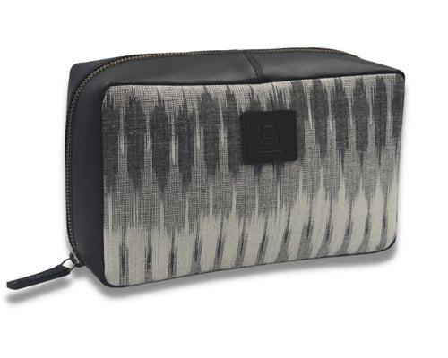 Tech Pouch - Cream & Black IKAT + Leather