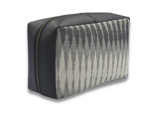 Tech Pouch - Cream & Black IKAT + Leather