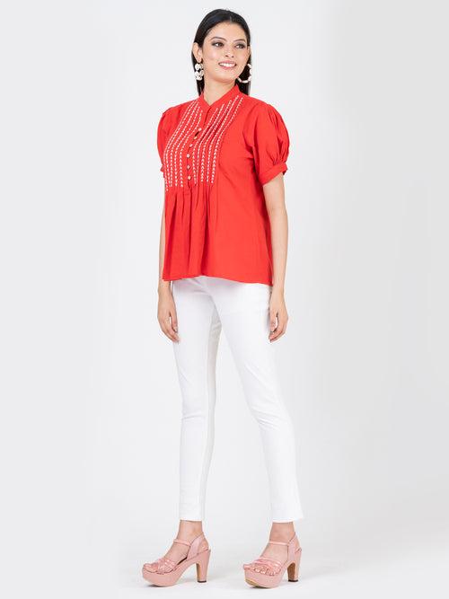 Women's Cotton Linen Summer Puffed Sleeve Top