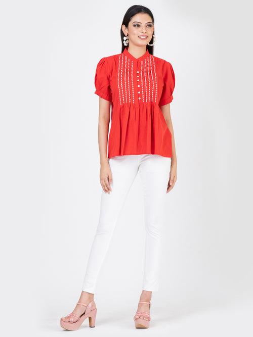 Women's Cotton Linen Summer Puffed Sleeve Top