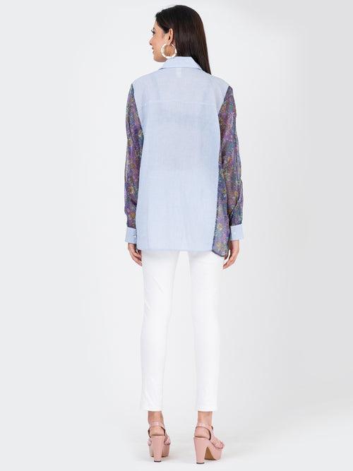 Womens Oversized Shirt with Floral Chiffon Sleeves