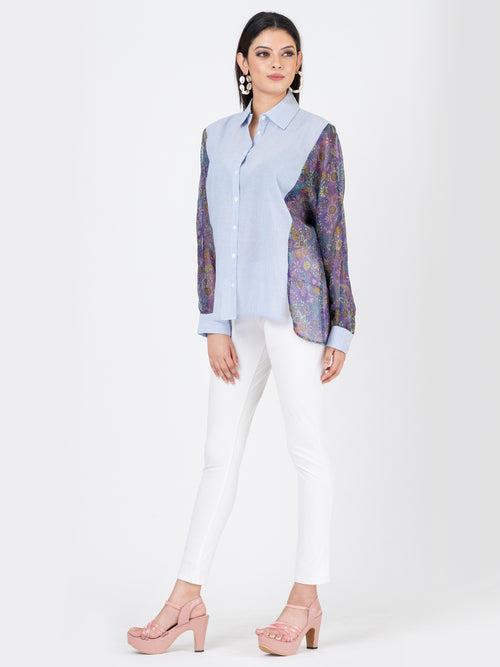 Womens Oversized Shirt with Floral Chiffon Sleeves