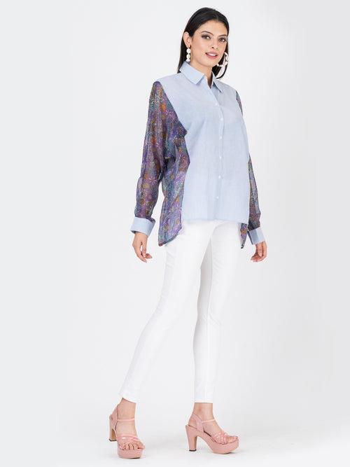 Womens Oversized Shirt with Floral Chiffon Sleeves