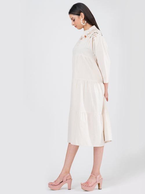 Women's Linen Cotton French Knot Hand Embroidered Tier Dress