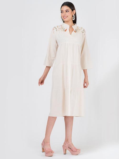 Women's Linen Cotton French Knot Hand Embroidered Tier Dress