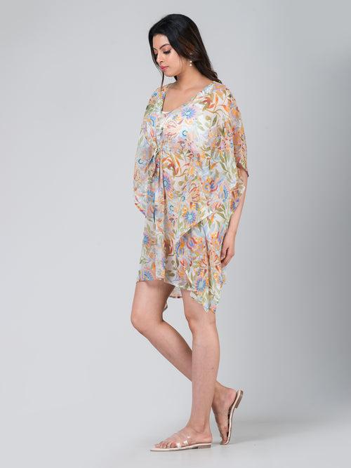 Women's Printed Sheer Cover Up Hand  Sequin Embroidered Kaftan