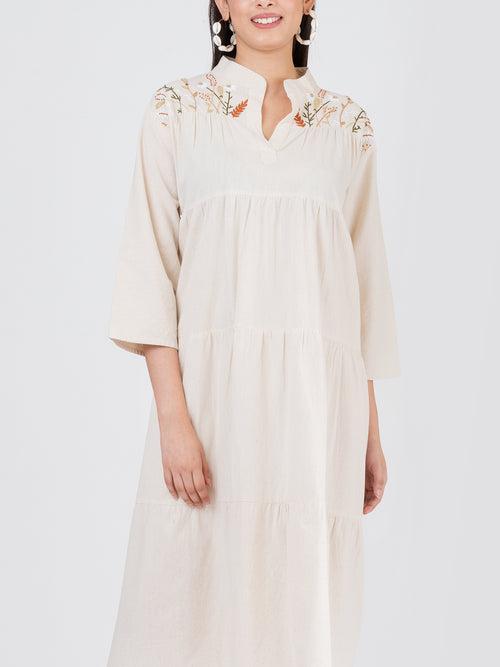 Women's Linen Cotton French Knot Hand Embroidered Tier Dress
