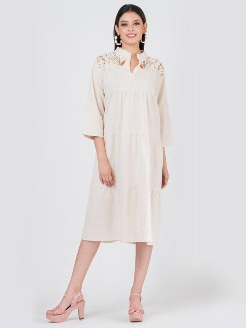 Women's Linen Cotton French Knot Hand Embroidered Tier Dress