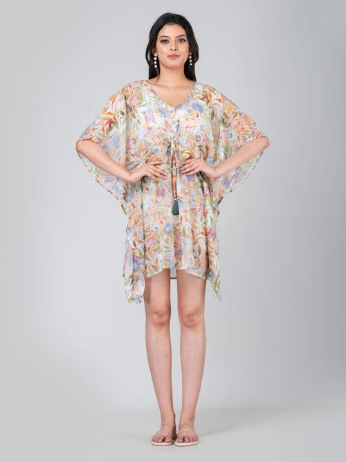 Women's Printed Sheer Cover Up Hand  Sequin Embroidered Kaftan