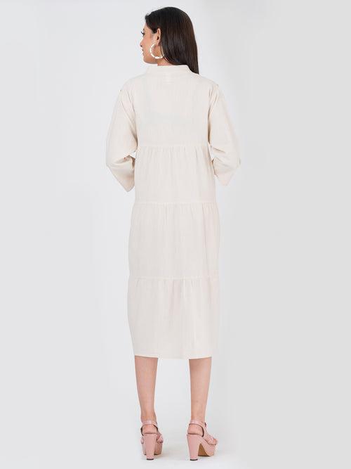 Women's Linen Cotton French Knot Hand Embroidered Tier Dress