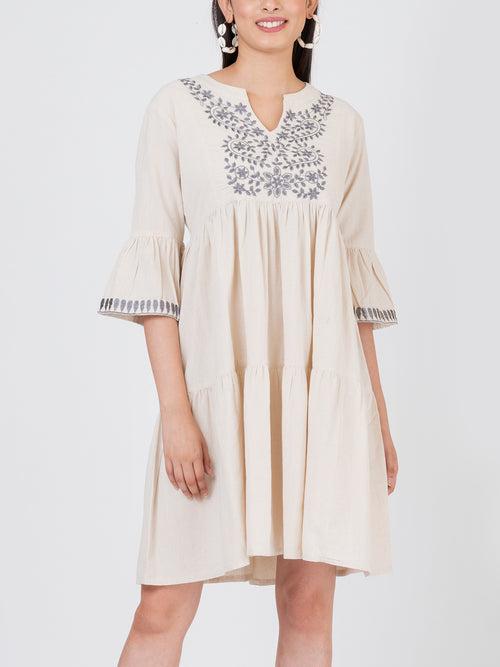 Women’s Linen Cotton Embroidered Ruffled Sleeve Tier Dress