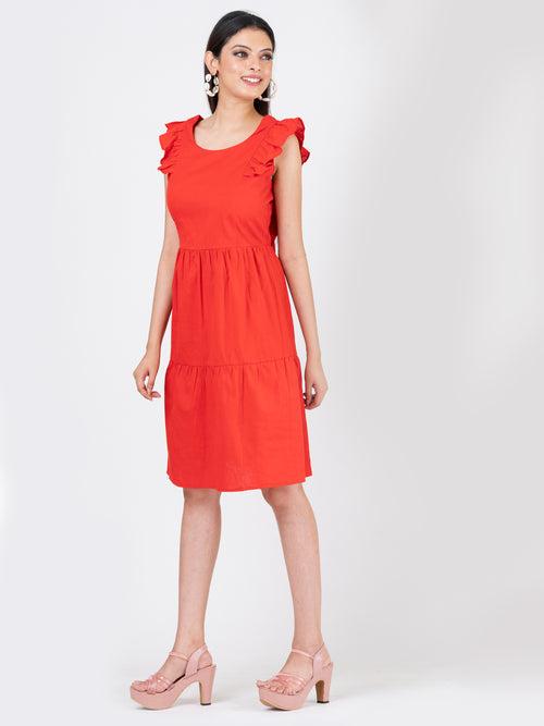 Women's Linen Cotton Red Brunch Outfits With Ruffle Sleeves-Brunch Dress