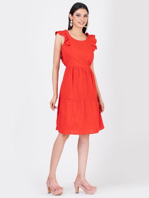 Women's Linen Cotton Red Brunch Outfits With Ruffle Sleeves-Brunch Dress