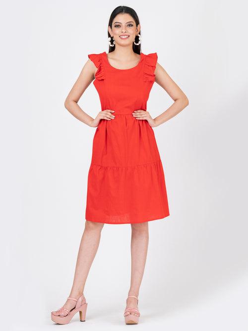 Women's Linen Cotton Red Brunch Outfits With Ruffle Sleeves-Brunch Dress