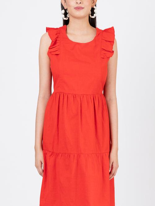 Women's Linen Cotton Red Brunch Outfits With Ruffle Sleeves-Brunch Dress