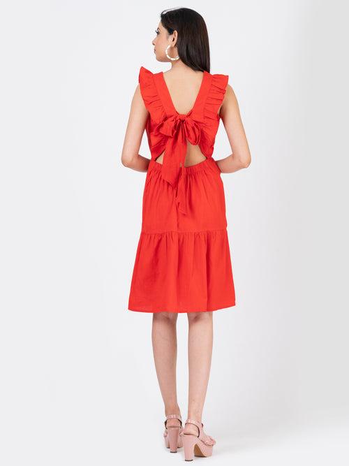 Women's Linen Cotton Red Brunch Outfits With Ruffle Sleeves-Brunch Dress