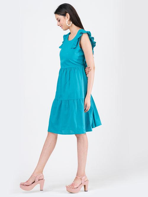 Women's Linen Cotton Teal Brunch Outfits With Ruffle Sleeves-Brunch Dress