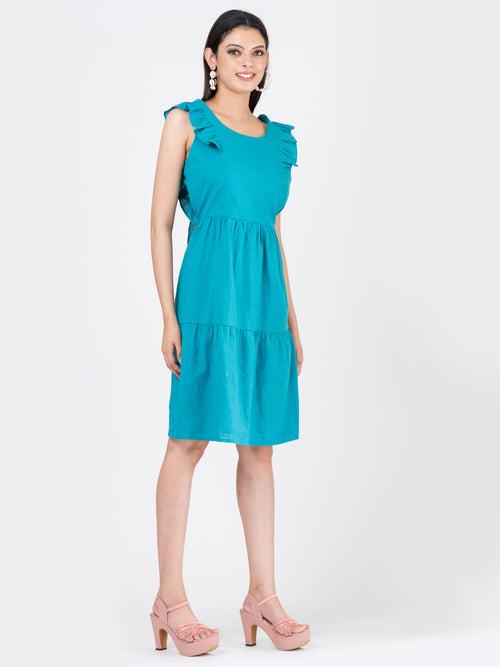 Women's Linen Cotton Teal Brunch Outfits With Ruffle Sleeves-Brunch Dress