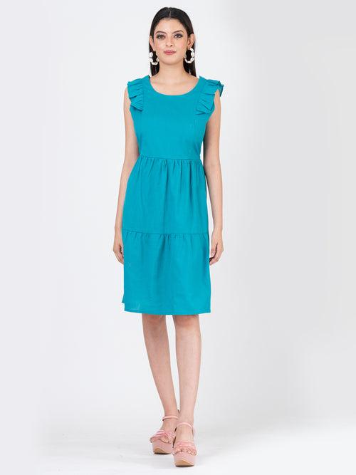 Women's Linen Cotton Teal Brunch Outfits With Ruffle Sleeves-Brunch Dress