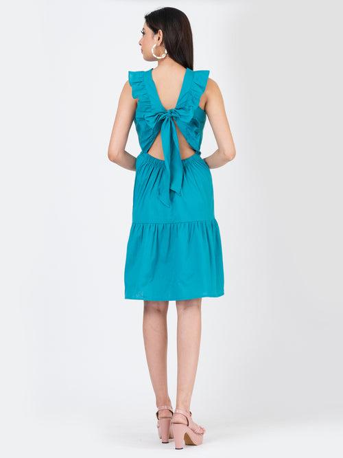 Women's Linen Cotton Teal Brunch Outfits With Ruffle Sleeves-Brunch Dress