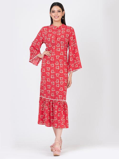 Women's Floral Printed Coral Casual Midi Dress