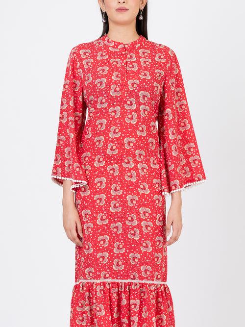 Women's Floral Printed Coral Casual Midi Dress