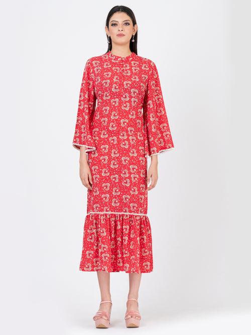 Women's Floral Printed Coral Casual Midi Dress