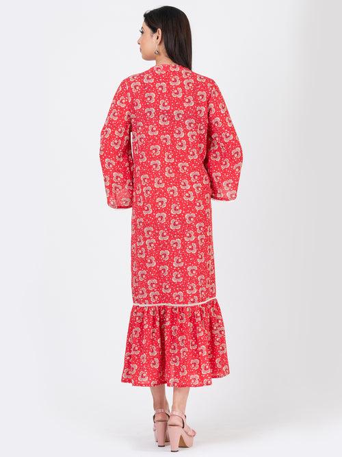 Women's Floral Printed Coral Casual Midi Dress