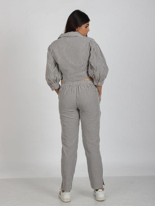 Casper Grey Striped Front Knot Cotton  Co-ord Set