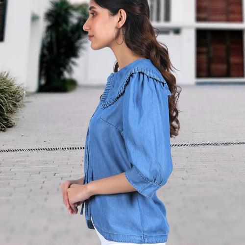 Denim Statement Collar Top