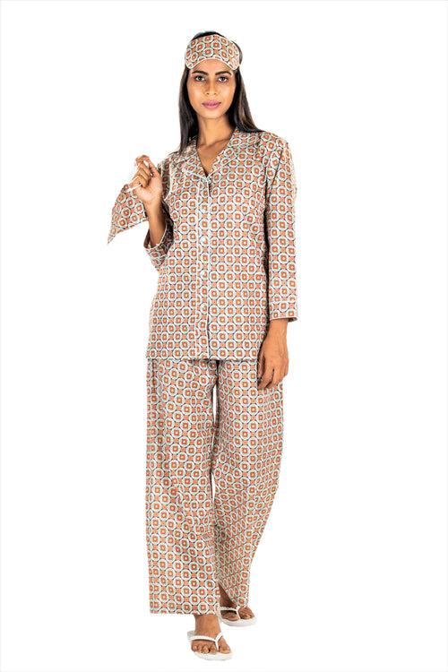 Women's Cotton Nightsuit - Rubic Grey Orange