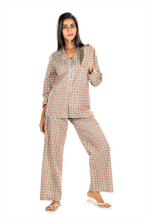 Women's Cotton Nightsuit - Rubic Grey Orange