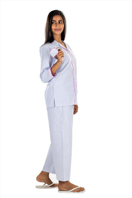 Women's Cotton Nightsuit - Blue White Stripes