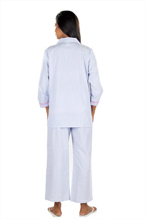 Women's Cotton Nightsuit - Blue White Stripes