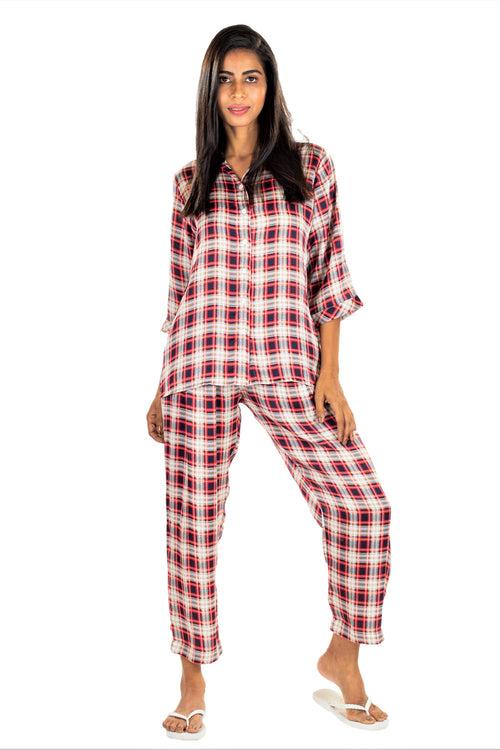 Women's Tartan Satin 3 Pcs Loungewear